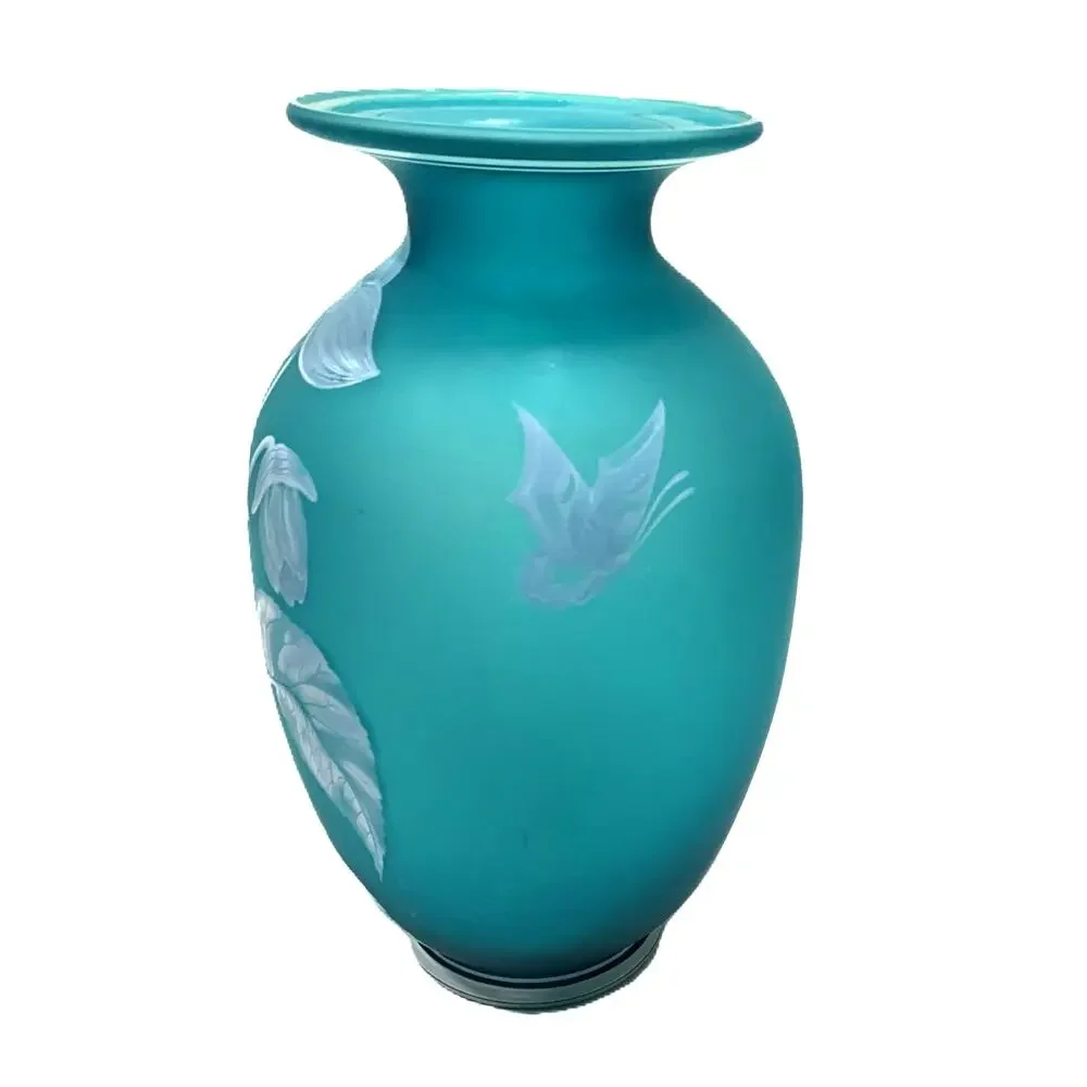 Fenton Avon Blue Azure Floral Butterfly Cameo Vase 9
